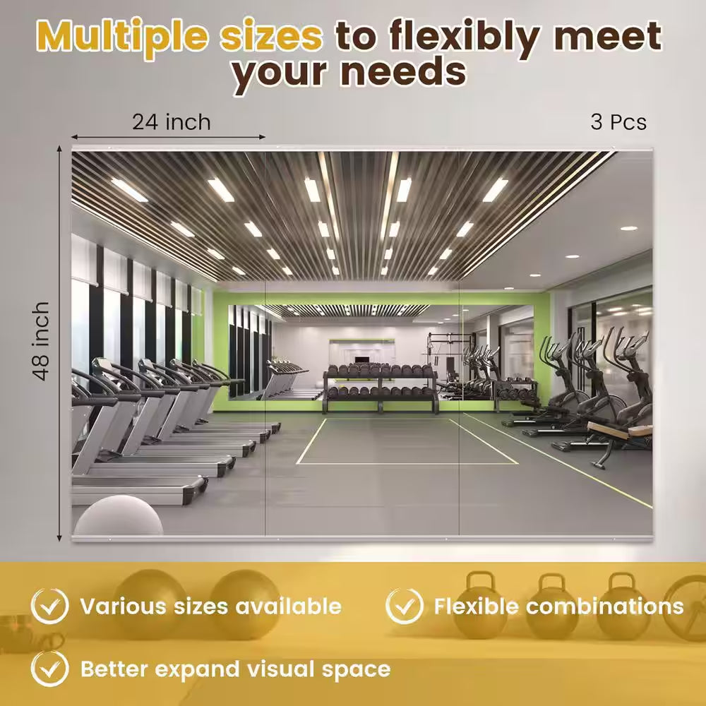 Modern 24 In. W X 48 In. H Frameless Wall Mirror HD Tempered Glass Gym Mirror/Yoga Mirror, Easy Wall Mount (3-Pack)